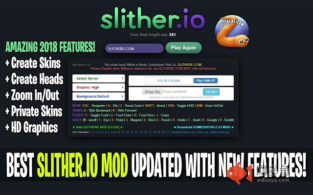 Slither.io Mods, Zoom, Create Skins SLITHERE