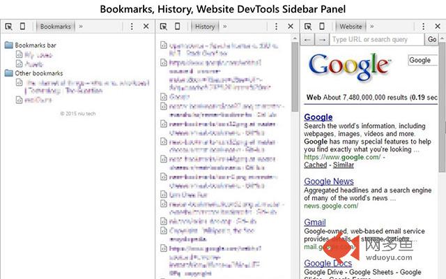 Bookmarks, History, Website DevTools Sidebar